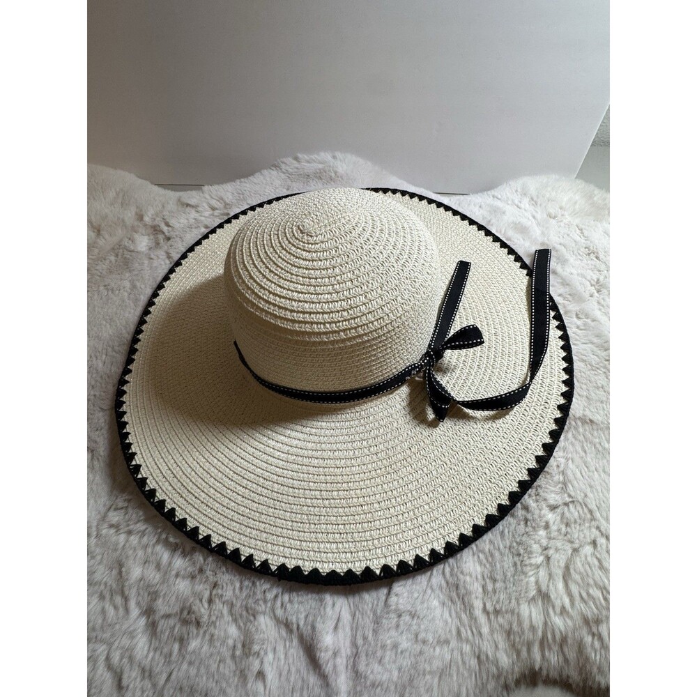 Lucky 7 Woven Straw Sun Hat Wide Brim Floppy Hat Cream  Black  4” Brim Beach